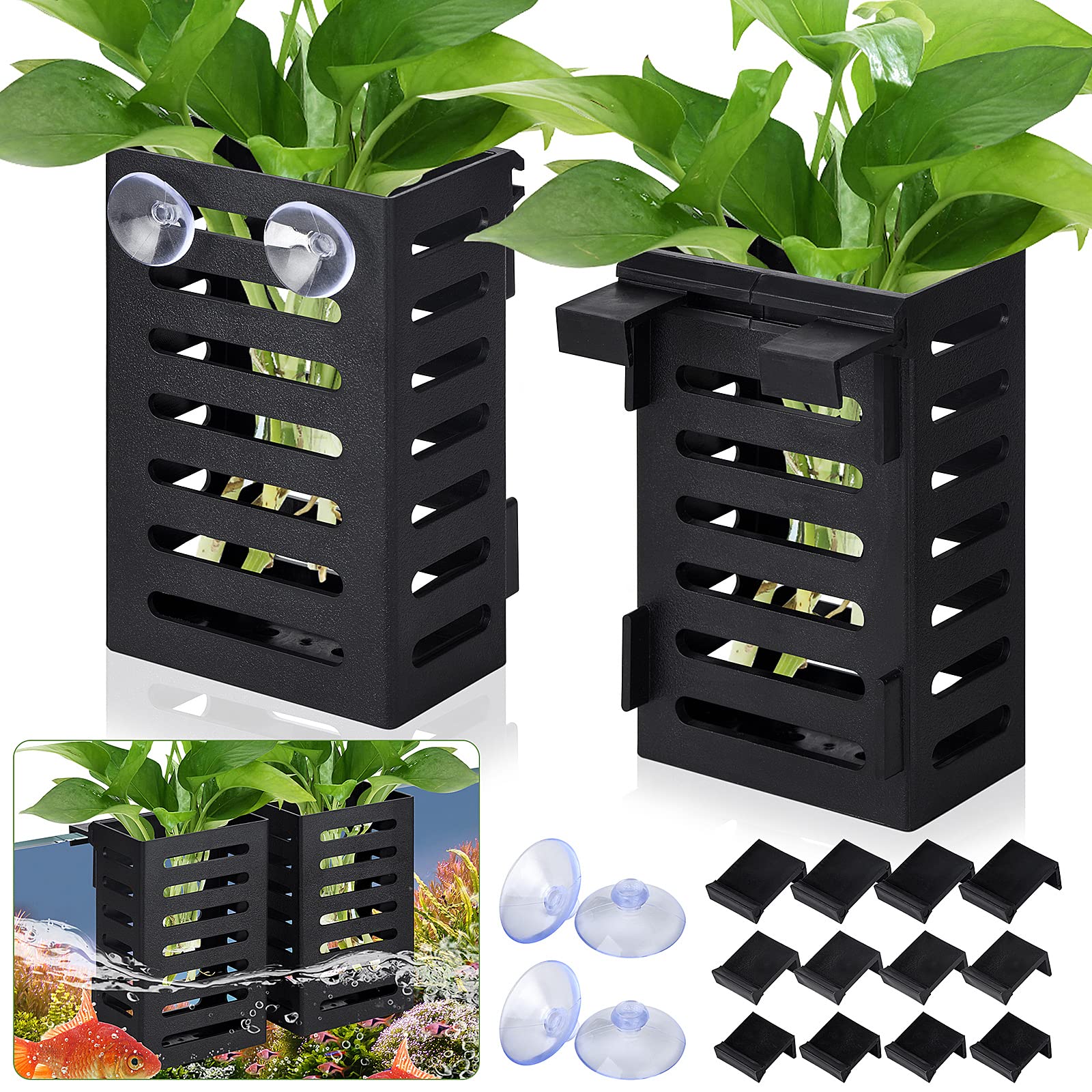2 Pack Aquarium Plant Holder with Hooks and Suction Cups, Hanging Aquatic Planter Cups for Aquarium Decorations