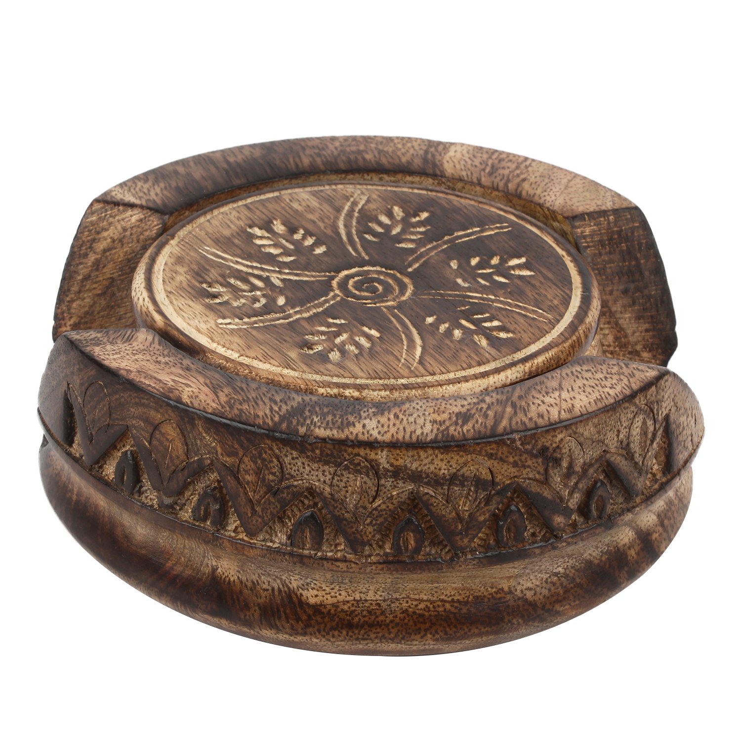 GoCraft Handmade Wood Drink Coasters Set of 6 in a Lotus Shaped Holder with Rustic Design- 5"