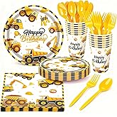 144 PCS Construction Birthday Party Supplies-Construction Themed Decorations Includes Construction Plates and Napkins,Cups, Cutlery Pefect for Boys Kids,Serves 24 Guests