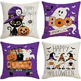 Ni-JASW Purple Halloween Throw Pillow Covers Set of 4, Spooky Cats Ghost Truck Gnomes Pillow Cases for Sofa Couch