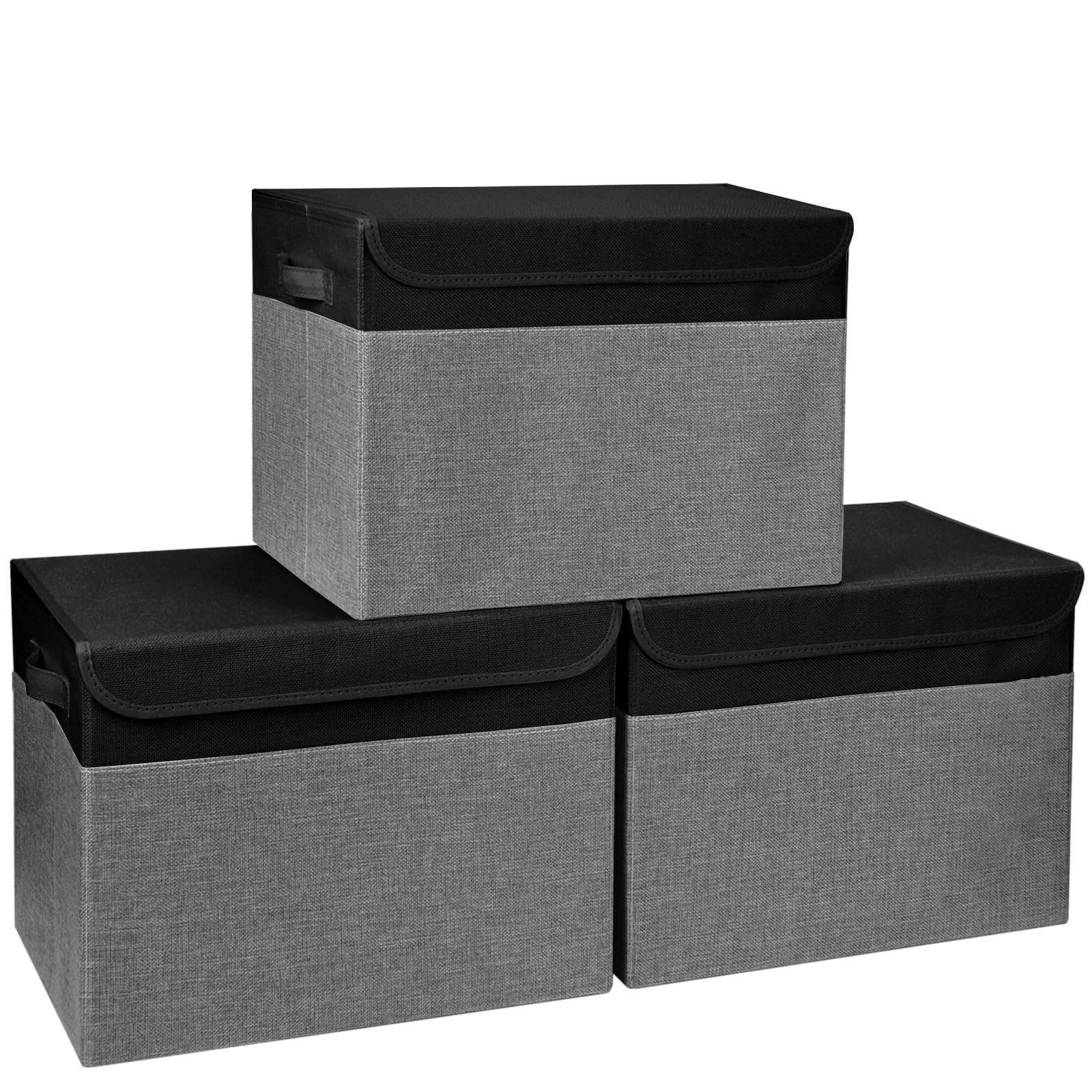 Photo 1 of ***MISSING LIDS & MEASUREMENTS INCORRECT*** MEDIUM 17" 42 Quarts Collapsible Stackable Storage Bins with Lids [3-Pack] Foldable Fabric Linen Storage Boxes Cube, Closet Organizer Baskets with Label for Home (16.7 x 12 x 12", Black & Gray)