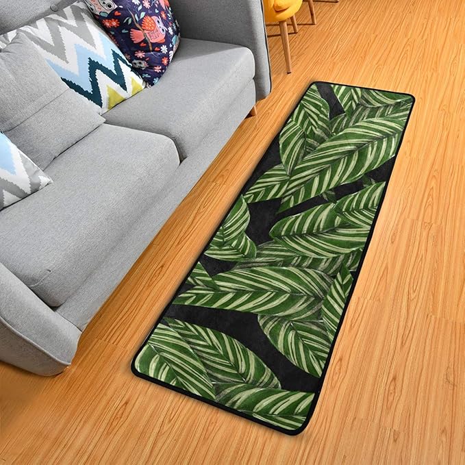 Modern Hallway Runner Rugs Tropical Leaves Pattern Black