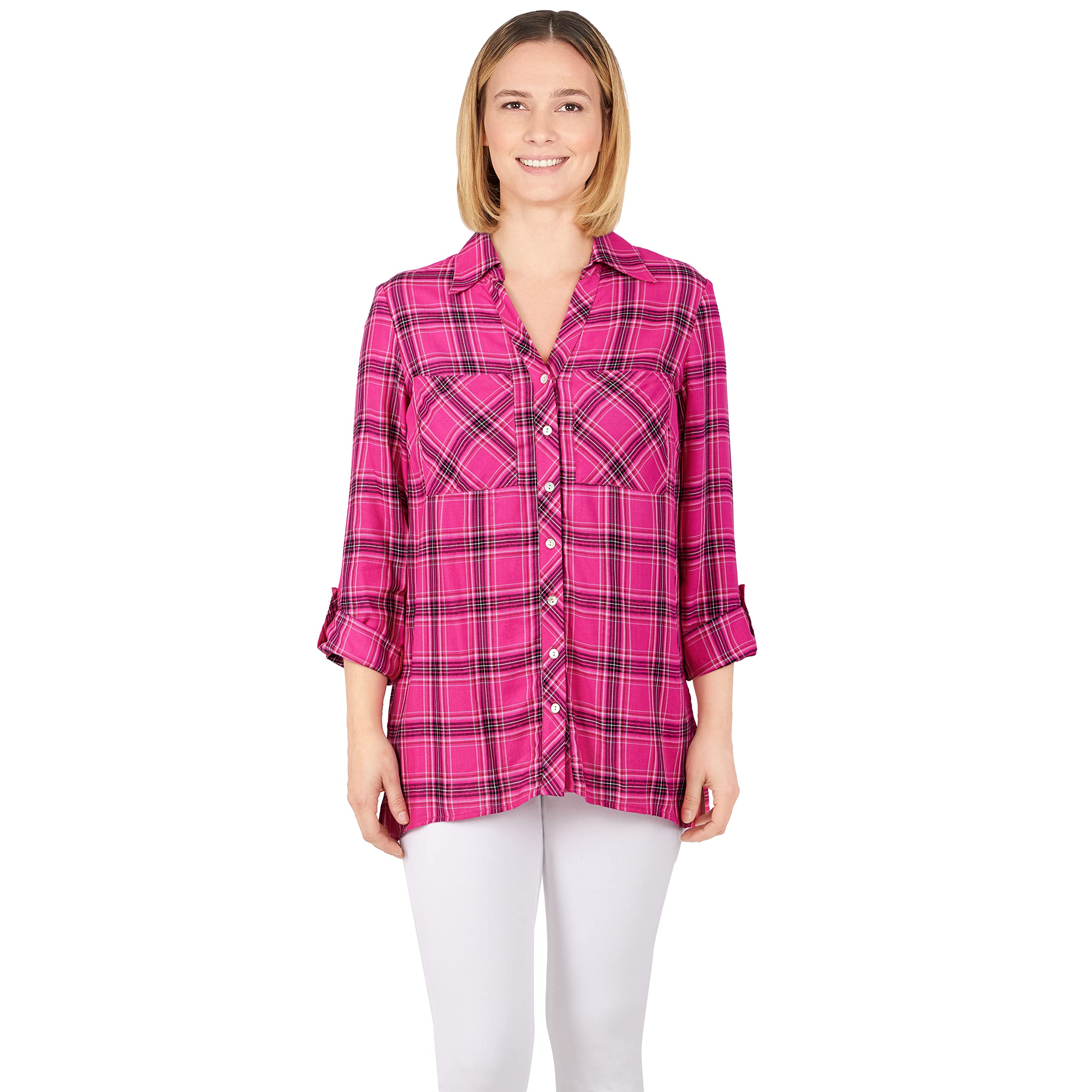 Ruby Rd. Womens Petite Flannel Top Fuchsia Multi Size PL