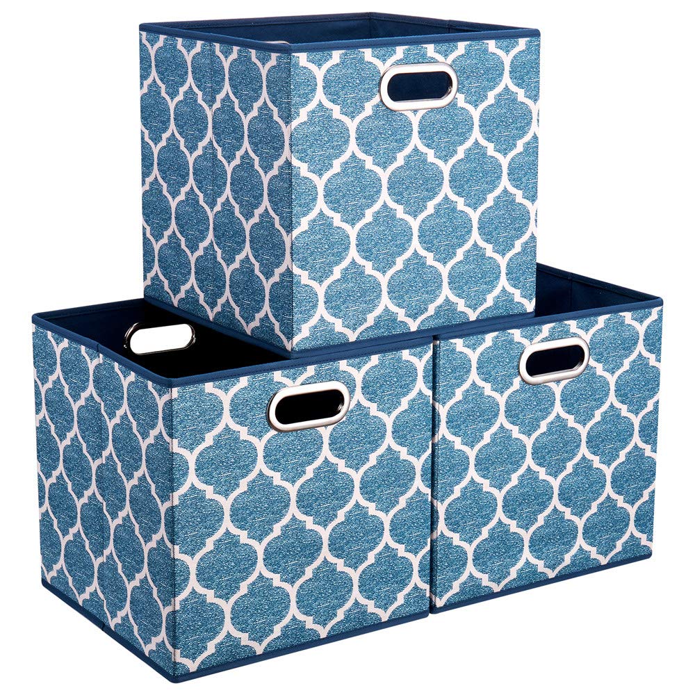 HSDT 3 Cube Storage Bins Blue Navy 13x13x13 Inch Foldable Grid Lantern Print Fabric Storage Basketes for Home Organizers Storage Drawer,QY-SC02-3