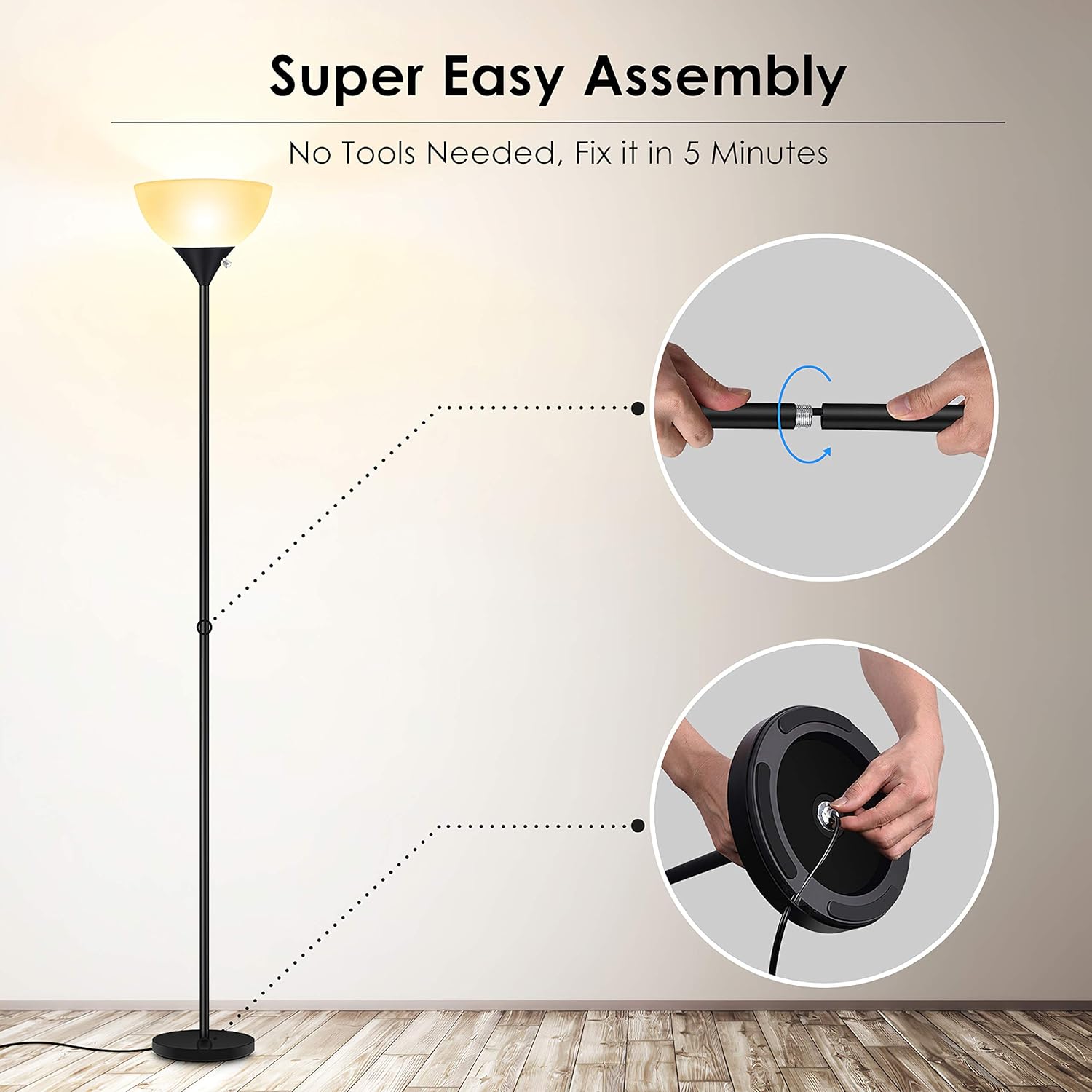 Floor Lamp - Standing Lamp, 9W LED Floor Lamp, Energy Saving & 50,000hrs Long Lifespan, 3000K Warm White, Eye-Caring, Torchiere Floor Lamps for Bedroom, Living Room, Office, Reading, Black Floor Lamps: Home Improvement