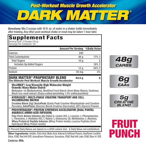 MHP DARK MATTER POST WORKOUT, RECOVERY ACCELERATOR, W/MULTI PHASE CREATINE, WAXY MAIZE CARBOHYDRATE, 6G EAAS, FRUIT PUNCH, 20 SERVINGS, 55 OZ