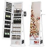 Mirror Jewelry Cabinet Standing, 360&deg; Swivel Full Length Mirror with Drawer | Standing Jewelry Armoire with Mirror and LED Lights, Mirror with Storage, Space-Saving Organizer, Gift Idea, White