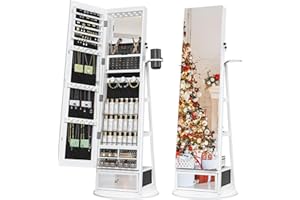TJYGO Mirror Jewelry Cabinet Standing, 360° Swivel Jewelry Armoire with Drawer LED Lights, Lockable Jewelry Organizer with Storage Shelves