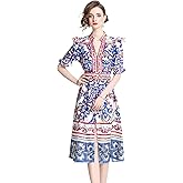 LAI MENG FIVE CATS Women's Button Up V-Neck Short Puff Sleeve Floral Print Split Casual Midi Dress