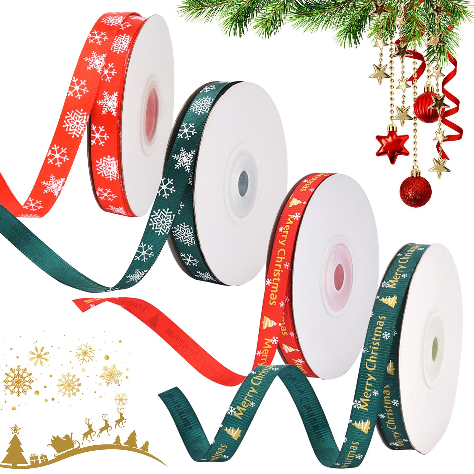 4 Rolls of Gift Ribbon Satin Ribbon, Christmas Ribbon Wide, Green Ribbon Satin Ribbon, Christmas Decorative Ribbon, Christmas Ribbons, Green/Red, Christmas Satin Ribbon