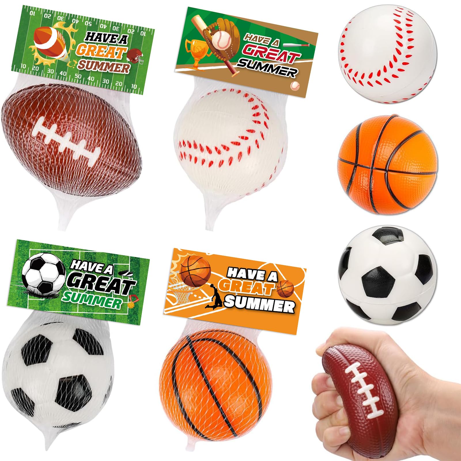 Photo 1 of 12 Pack End of The Year Gifts for Kids, Stress Ball with Greeting Cards for Kids Boys Girls Student Classroom Gifts Preschool Foam Sports Bouncy Balls Basketball Football Party Favor Toys