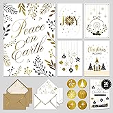Decorably 20 Pack Gold Foil Embossed 5x7in Festive Religious Christmas Cards with Envelopes & Stickers - 5 Folded Holiday Designs Seasons Greetings Friends, Family & Loved Ones, Printed Message Inside