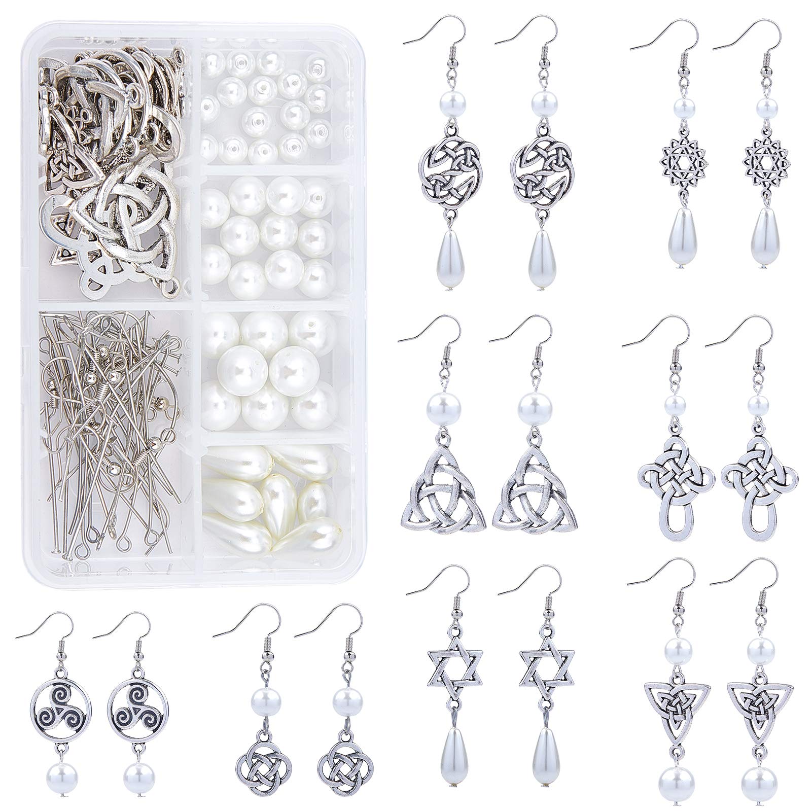 SUNNYCLUE 1 Box DIY 8 Pairs Antique Silver Celtic Knot Earrings Baroqu Vintage Pearl Dangle Earrings Jewelry Making Starter Kit with Instruction Jewelry Making Supplies for Girls Women