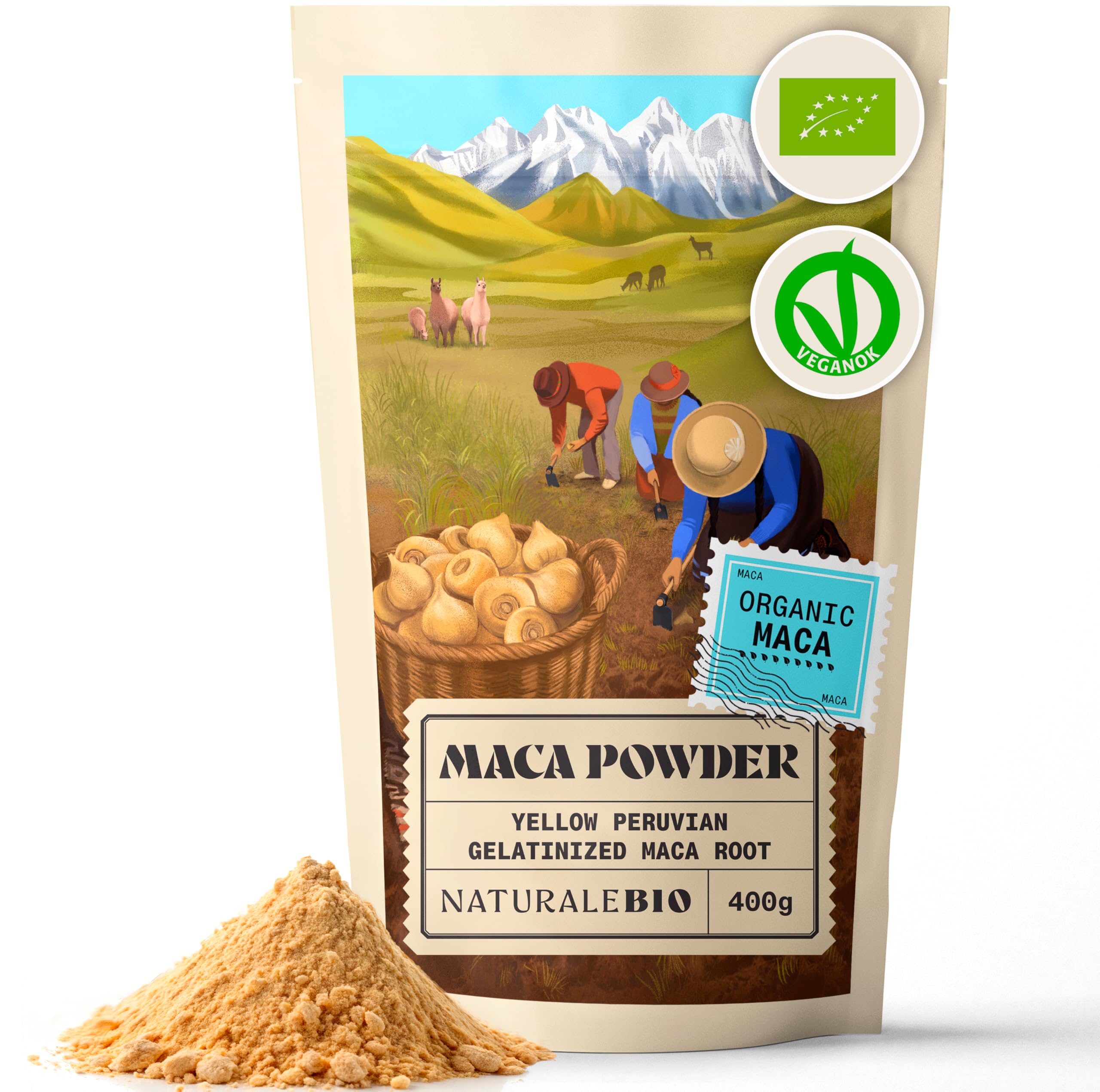 NaturaleBio Organic Maca Powder 400g. Peruvian, Natural and Pure, from Organic Maca Root. Vegetarian and Vegan Friendly - Gelatinised