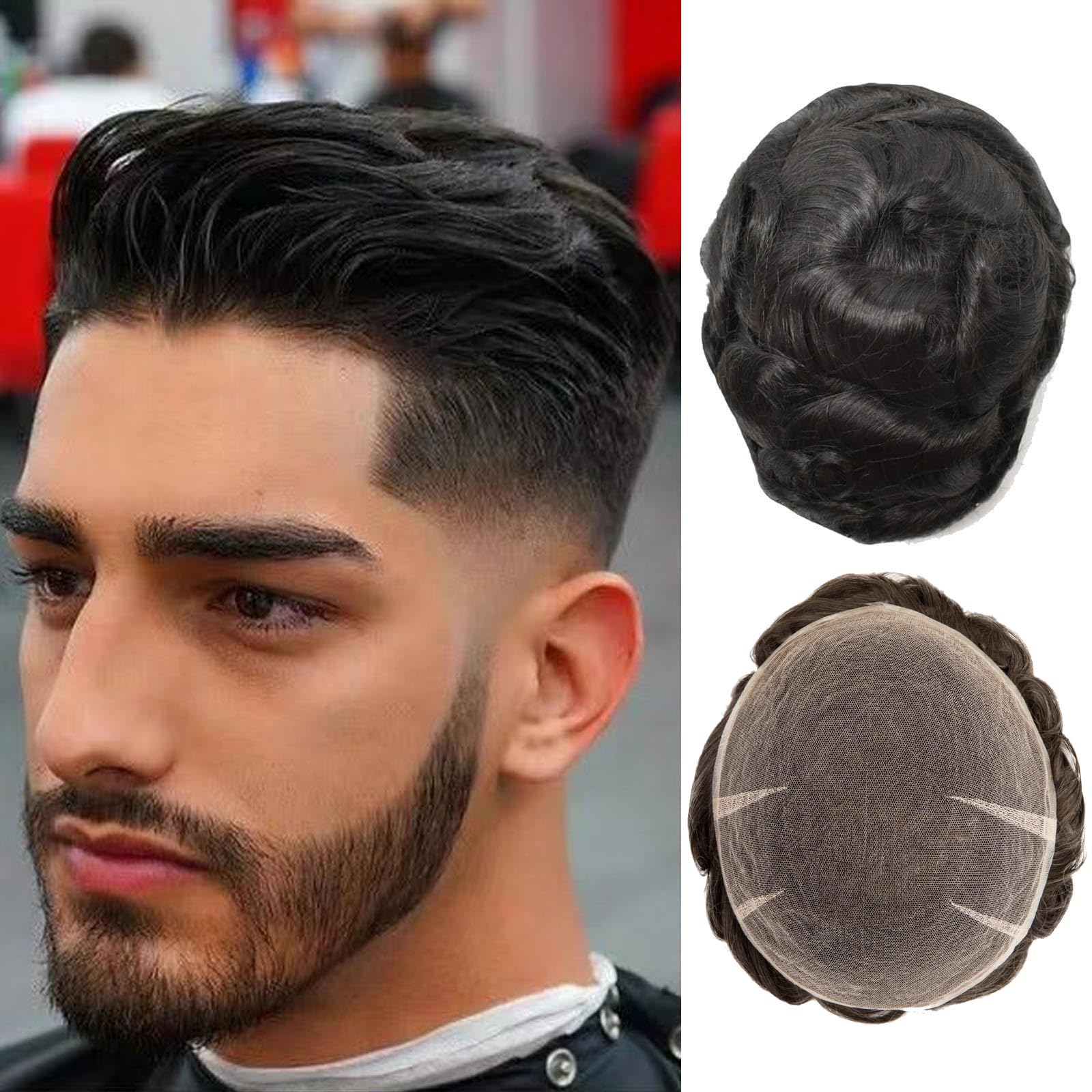 Ehairc Toupee for Men Full Swiss Lace Hair System 100% Human Hair Breathable Men's Toupee Hairline Bleach Knots Natural 90% Density Mens Lace Wig Base Size 8x10" (#1B)