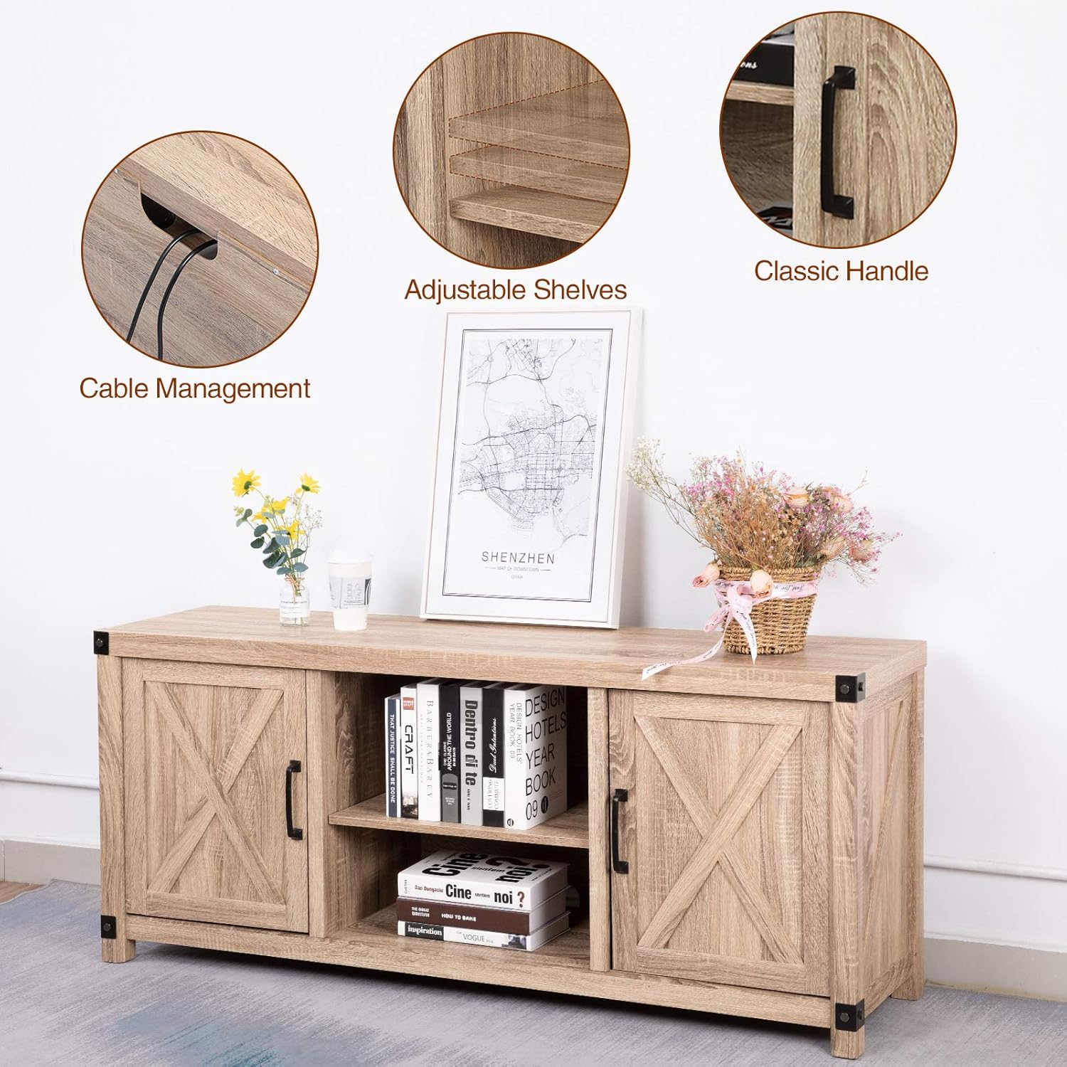 TV Console Cabinet for TVs up to 65 Inch W/Media Shelves, Farmhouse TV Stand Style Entertainment Center for Soundbar or Other Media, Barn Door TV Stand with Storage for Living Room, APRTS02L: Electronics
