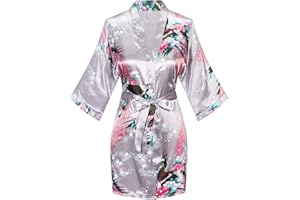 KIMONO PALACE Women's Short Kimono Robes Bride and Bridesmaid Satin Floral Bathrobe Peacock Sleepwear Dressing Gown for Wedding Party