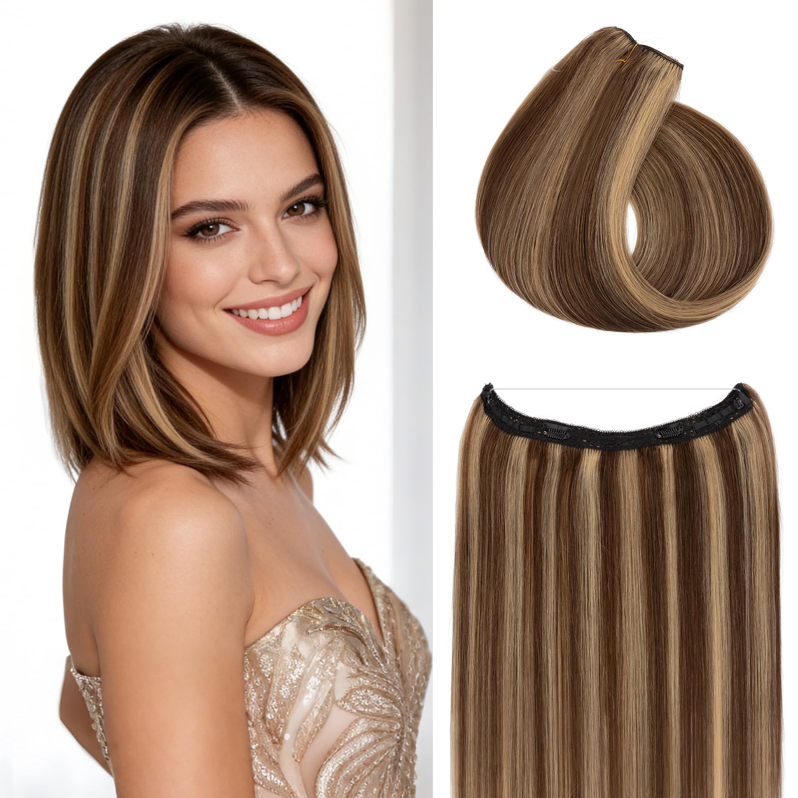 Photo 1 of Rich Choices Short Halo Hair Extensions Real Human Hair Remy Hairs Halo Extension for Women Invisible Wire One Piece Clip in Hairpiece for Short Hairs 12 Inch #4P27 Medium Brown Highlight Dark Blonde