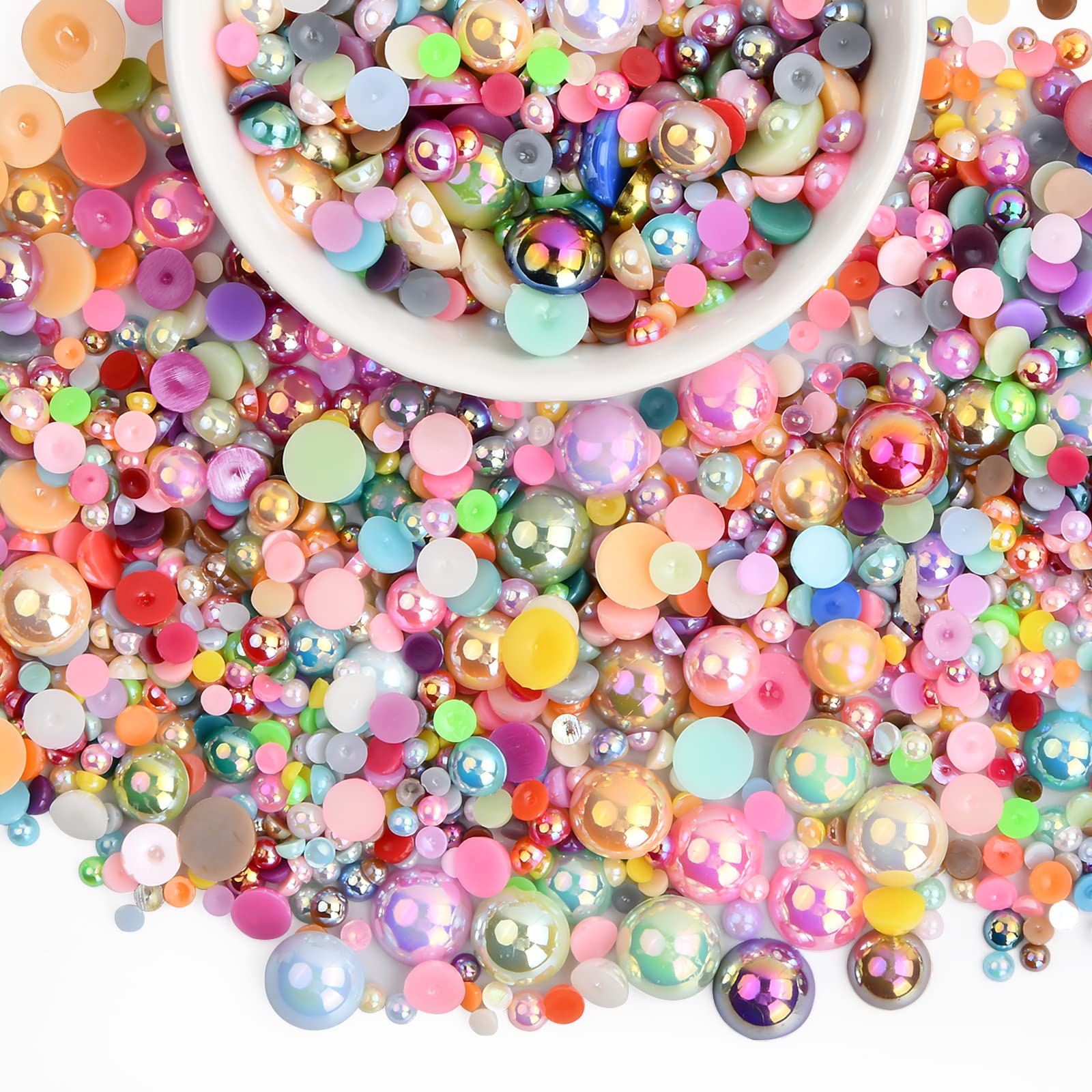 Xzeemo 2010PCS Flat Back Pearls, Half Round Pearls Mixed Color, Glossy Cabochon Beads, Loose Beads, Jewelry Embellishments, Flat Back Craft Beads for Nail Phone Case Scrapbook Decoration, 6 Sizes (D)