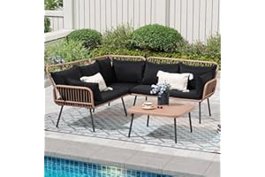 Verano Garden 4 Piece Outdoor Patio Furniture Set, Outdoor Wicker Sectional Couch, Balcony Furniture Set with Cushions & Square Table, Patio Conversation Set for Porch, Backyard (Black, 4PCS Sofa Set)