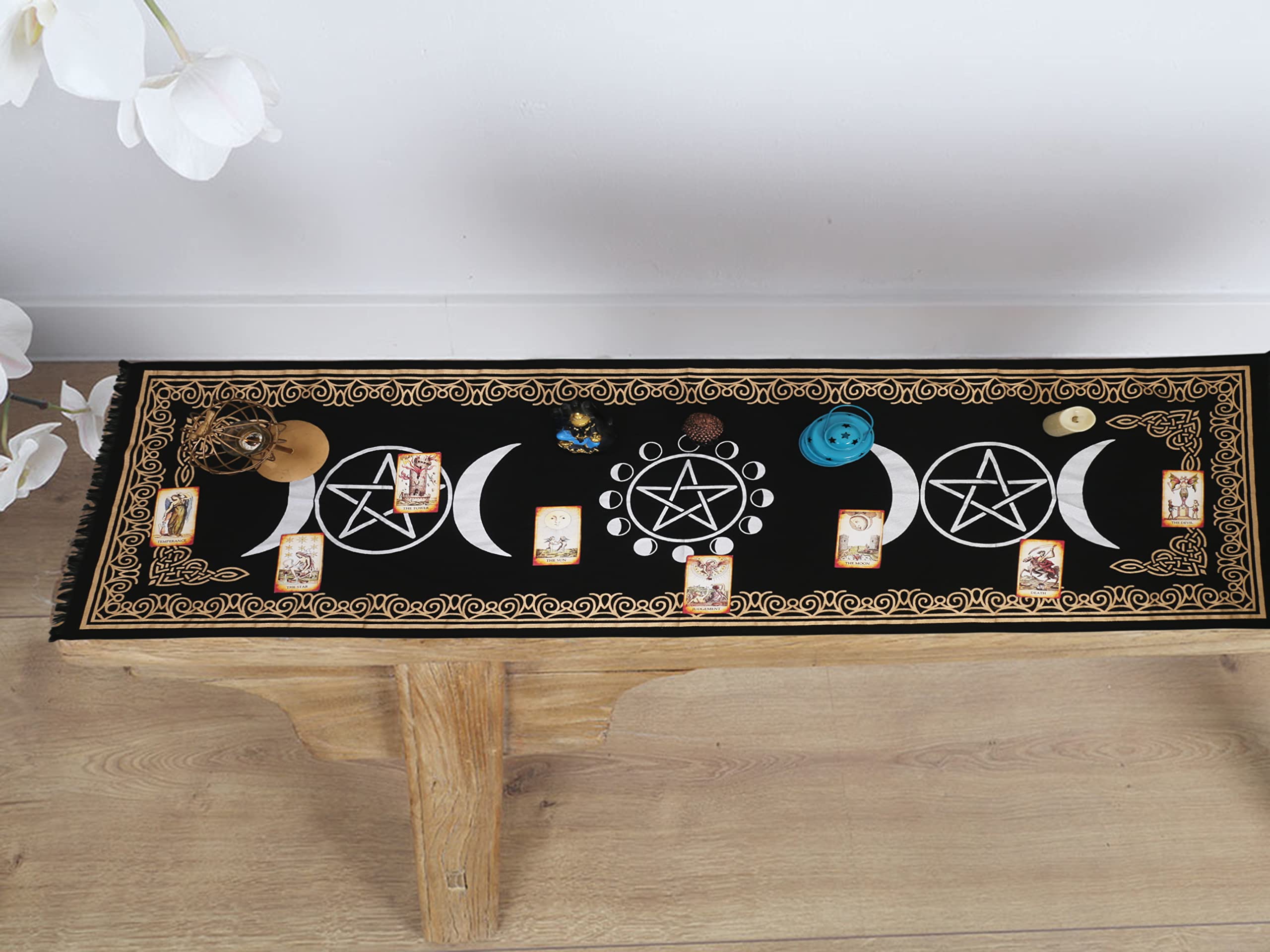 Indian Consigners Altar Cloth Witchcraft Moon Phases Triple Moon Long Side Tablecloth for Spiritual Use