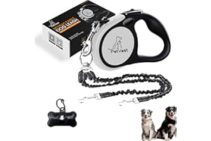 Petvest 16 FT Dual Retractable Dog Leash for 2 Large Dogs Up to 77 lbs Each - Double Headed 16 FT Extendable Pet Leash with P