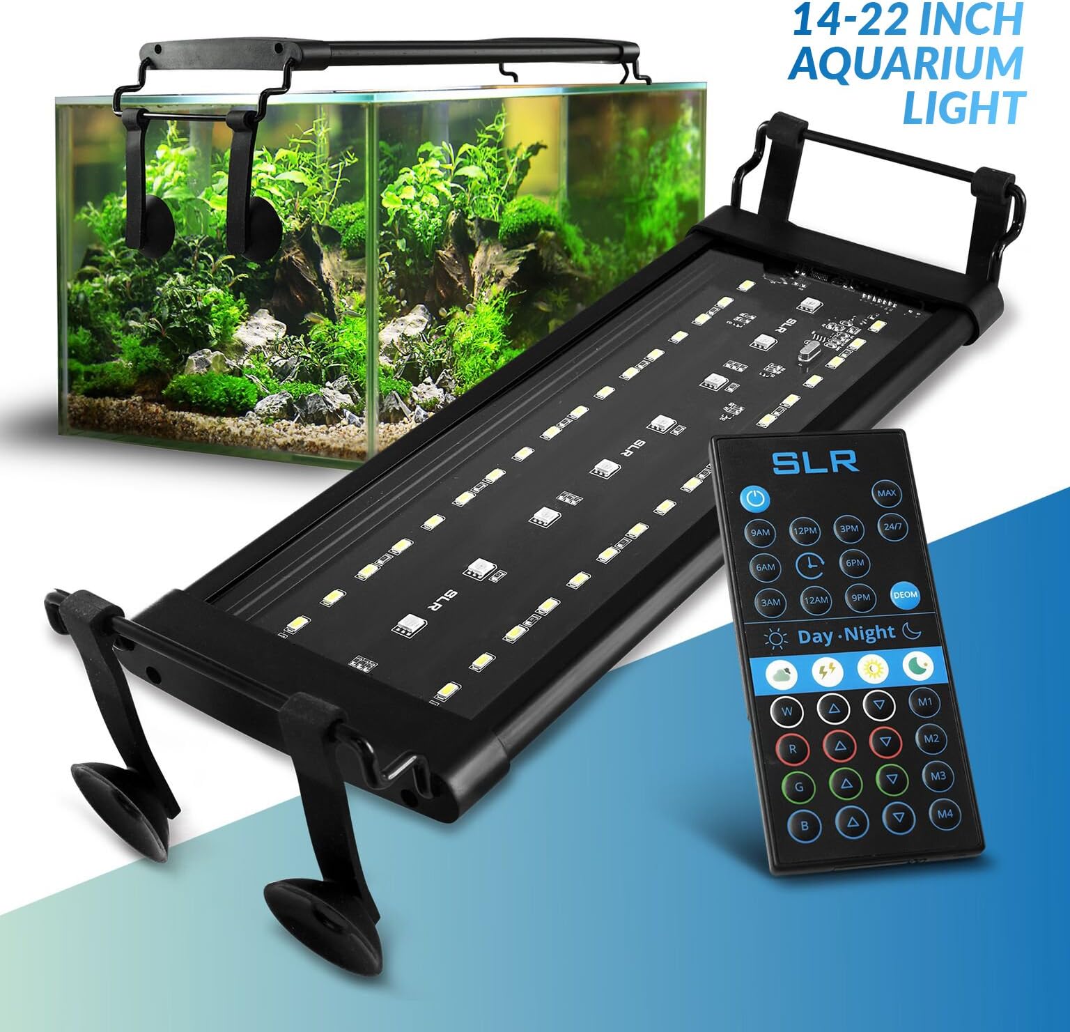 AquaGlow LED Aquarium Lighting for Fish Tanks, Terrariums, Vivariums – Plants, Coral, Seaweed – Natural Night & Day Patterns Light Modes – Includes Brackets & Remote Control