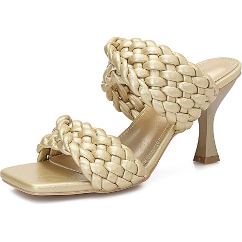 Women's Stiletto Mules Sandals Slip On Square Open Toe Dress Backless Heeled Slippers High Heel Slides