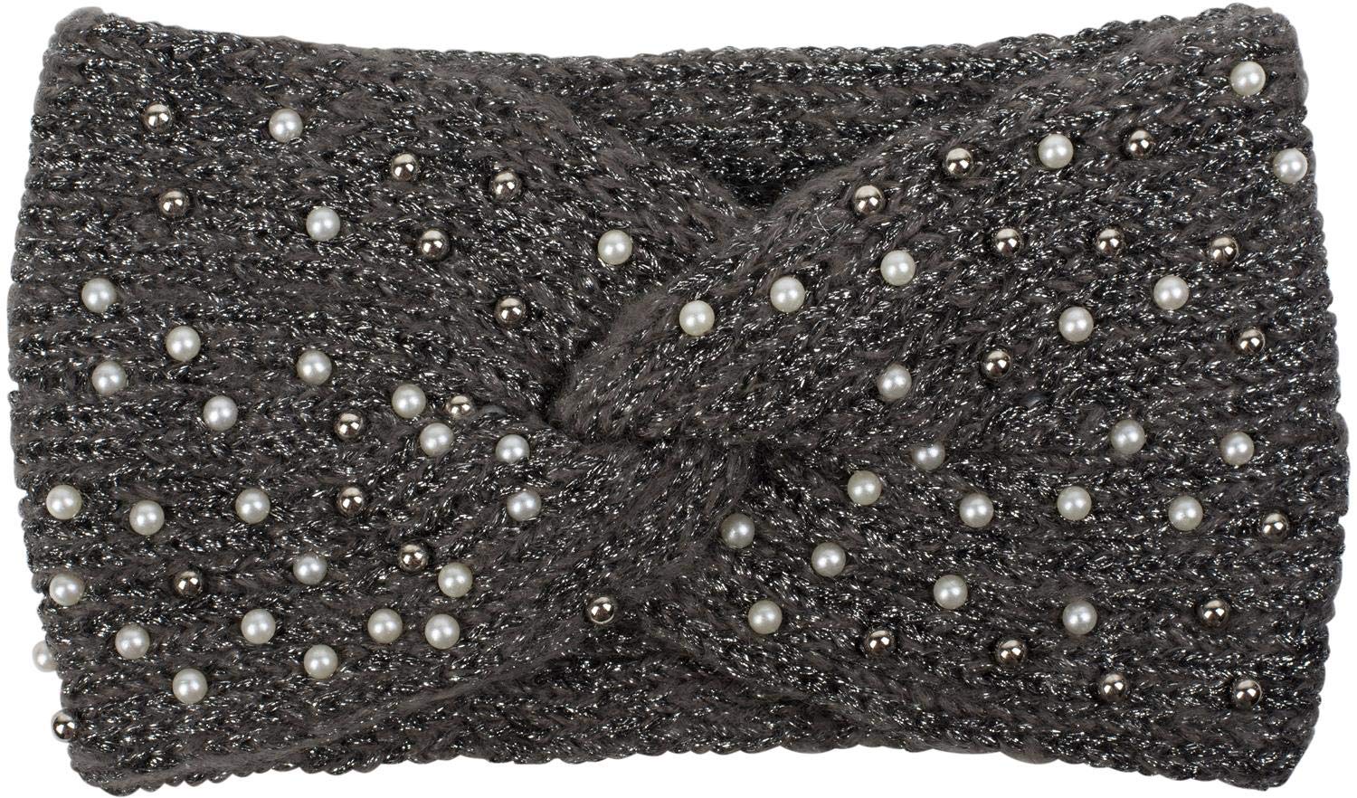 styleBREAKER women knit headband with pearls, metallic yarn and knot, hairband, headband 04026029, color:Grey-Black