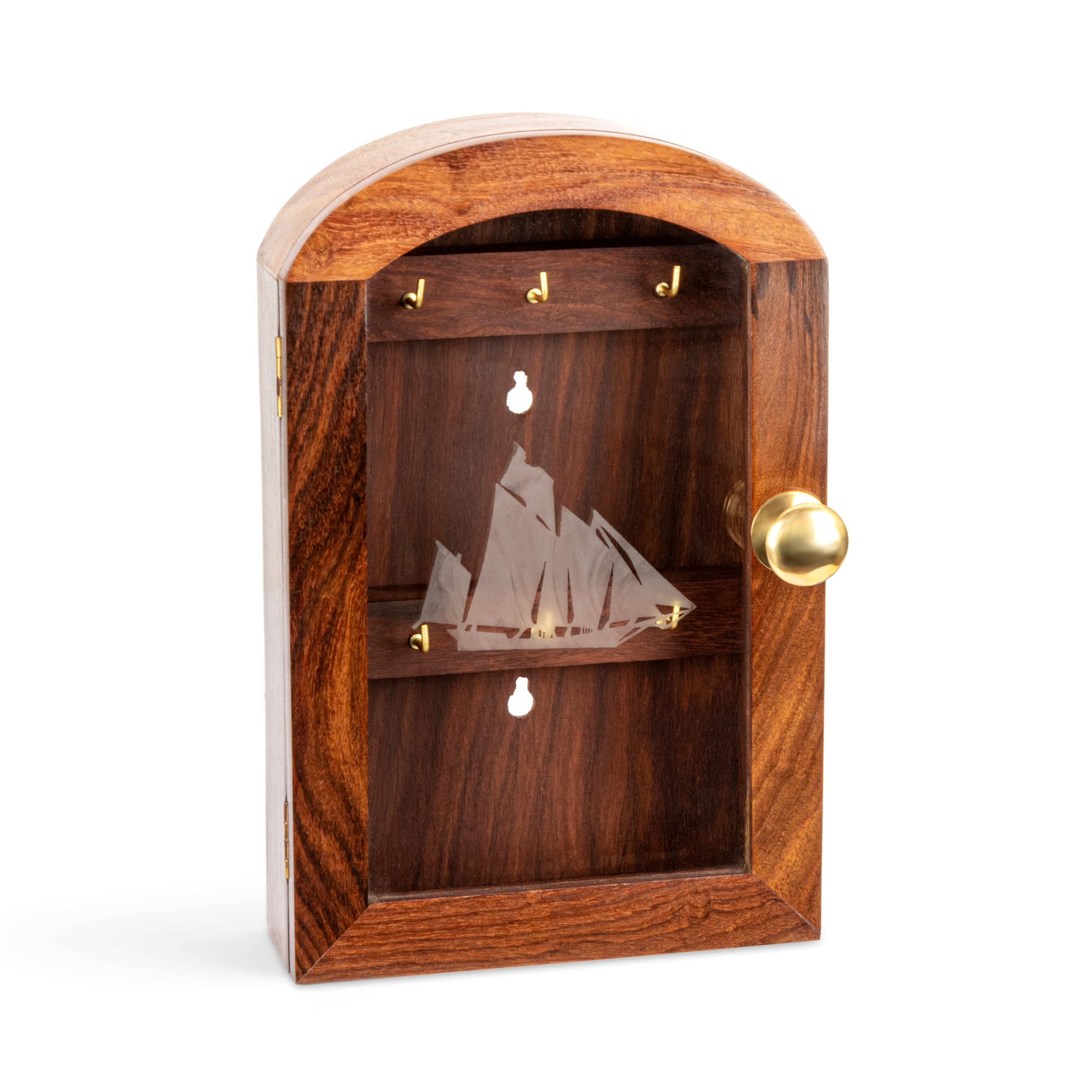NKlaus Maritime 11711 Wooden Key Cabinet with 6 Hooks and Glass Front 5 x 16 x 6 cm