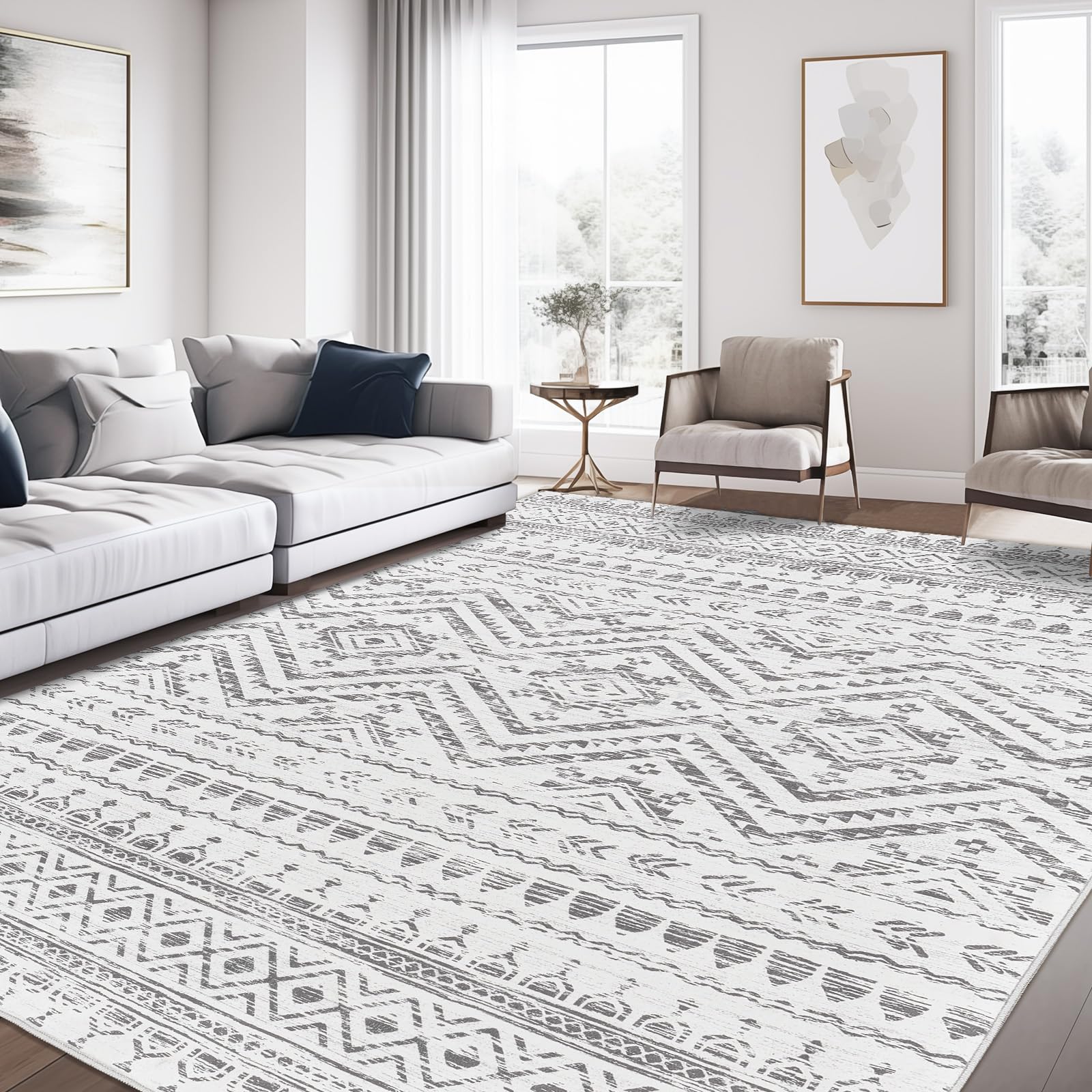 Photo 1 of Miukiki 8x10 Area Rug for Living Room Moroccan Washable Rugs Non Slip Indoor Floor Carpet Foldable Large Soft Area Rug for Dining Room Bedroom with Low Pile (Grey,8'x10')