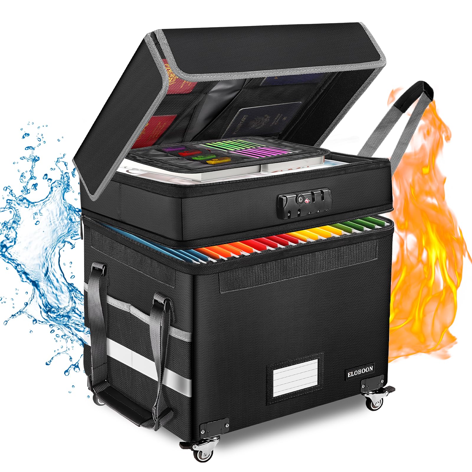 Photo 1 of ELOBOON File Box with Lock, Fireproof Document Box with Wheels, Collapsible File Organizer Box, File Storage Box for Home & Office, Rolling File Cabinet for Hanging Letter/Legal Folders, Black