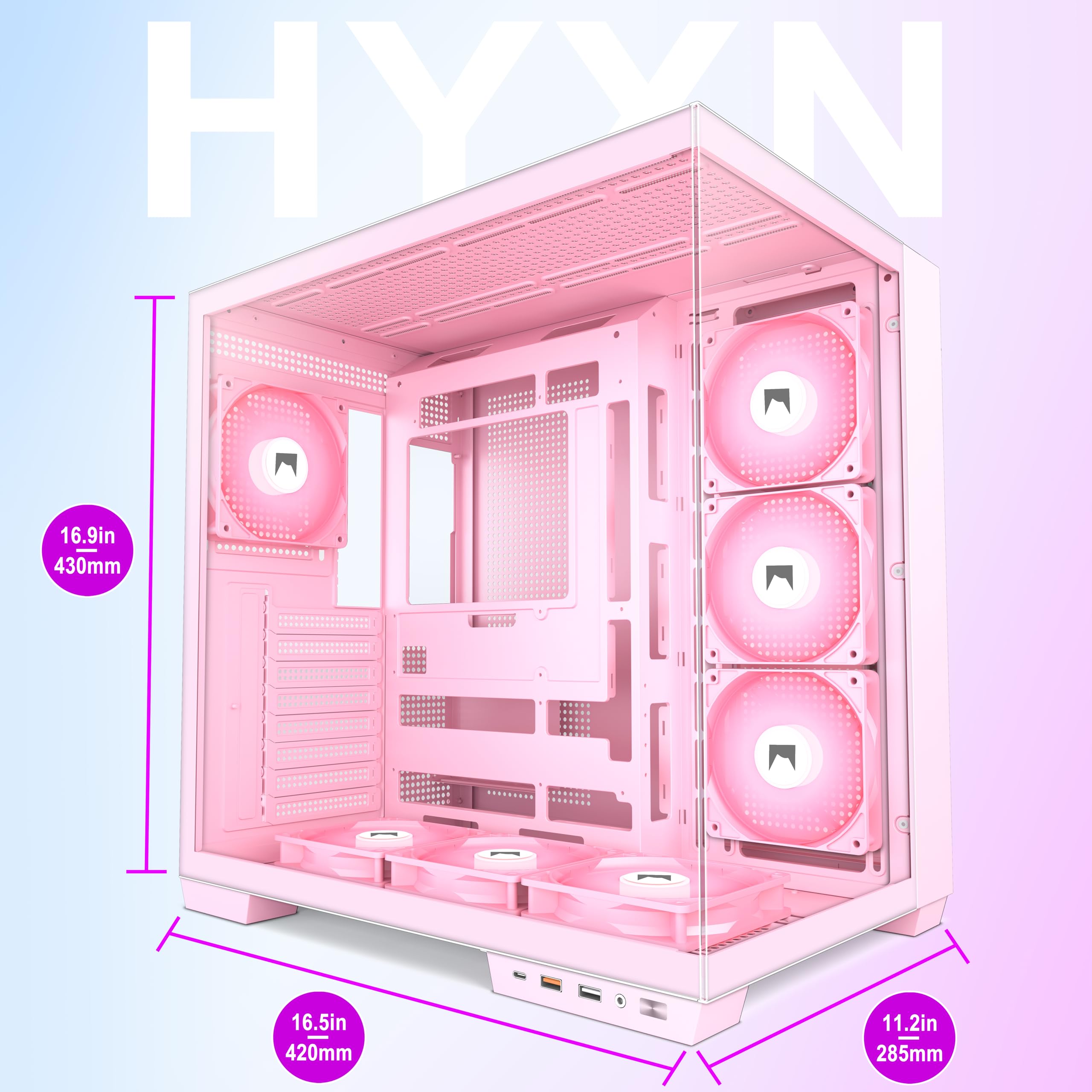 Hyxn H1 Atx Pc Case-Pre-Installed 7 Pwm Argb Fans, Dual Chamber Mid-Tower Gaming Pc Case, With Type-C, Simultaneous Installation Of 2X 360Mm Radiators, Black (Pink, H1) - View 8