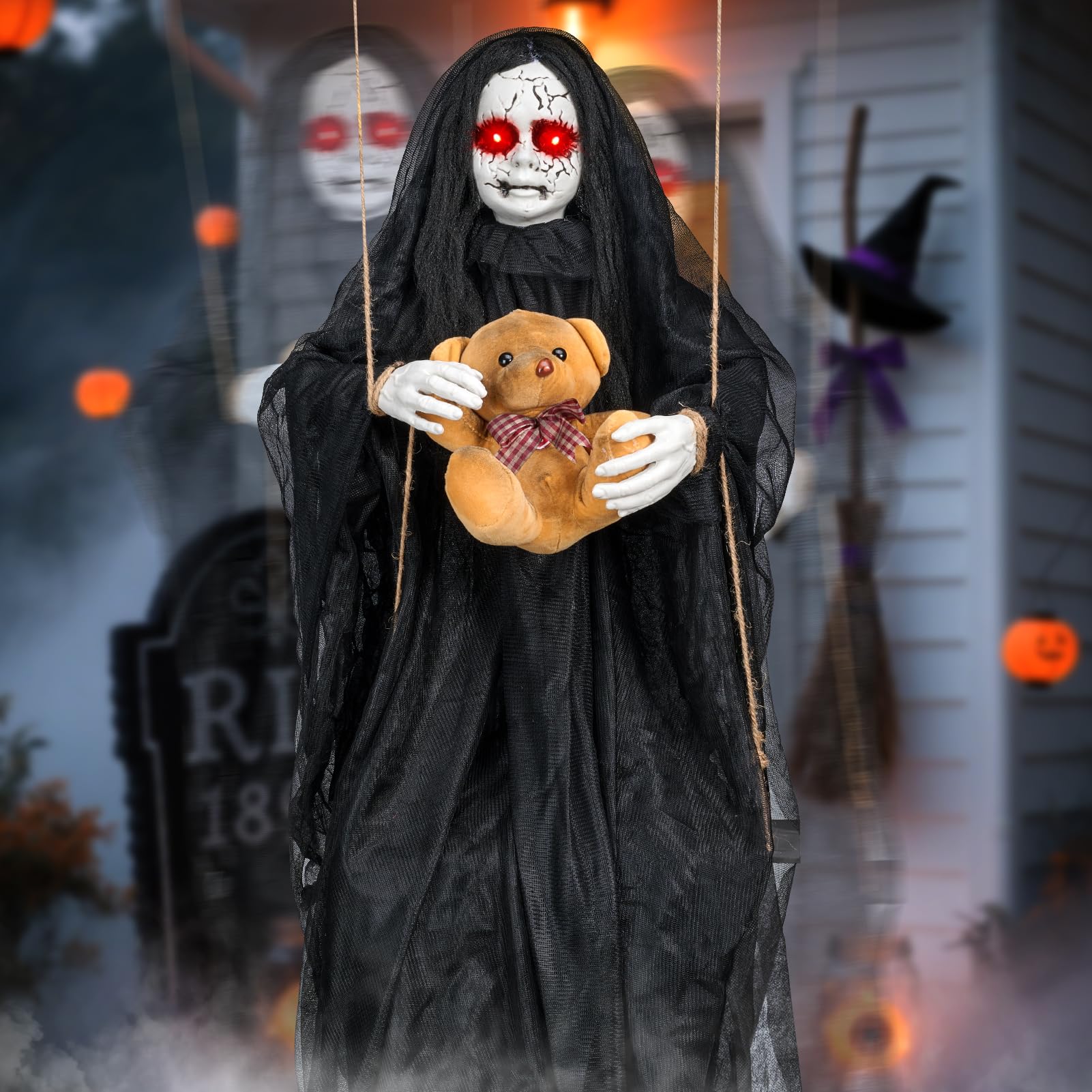 Photo 1 of 4.9FT Halloween Scary Decorations Outdoor,Hanging Swinging Doll Girl with Sound & Slap Activated/Creepy Sound/Light Up Eyes,Creepy Halloween Hanging Ghosts for Indoor, Outdoor,Haunted House Decor