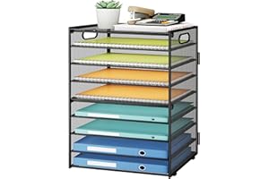 SUBEKYU 9 Tier Paper Organizer for Desk - Black Metal Mesh Letter Tray File Paper Sorter Organizer Include 6 Pcs Adjustable Height Slid Tray with Handles for Office School Home Organization Storage