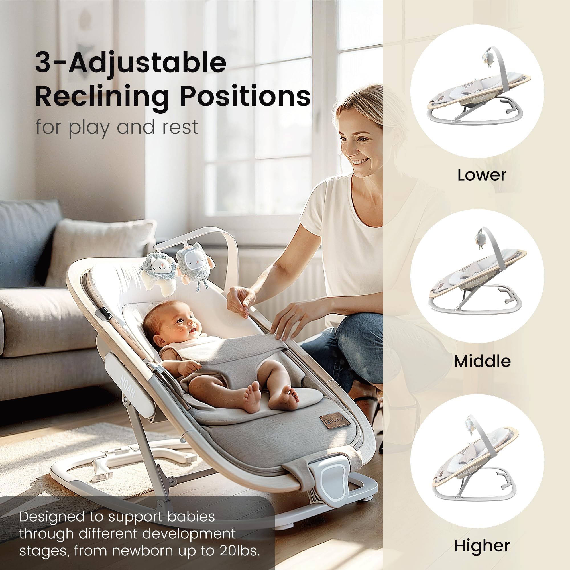 2-in-1 Baby Bouncer & Rocker,Portable Baby Bouncer Seat for Babies 0-9 Months, Baby Rocking Chair with 3 Reclining Positions,Wood Accents,Soft Newborn Insert - Beige