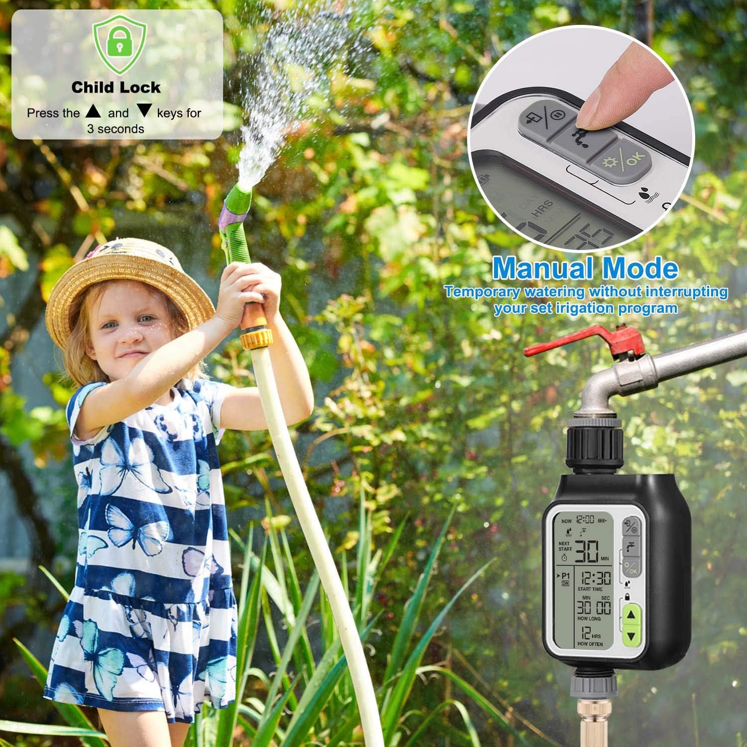 johgee Sprinkler Water Timer Digital Irrigation Timer Programmable Watering Timer Water Timer IP65 Waterproof/Rain Delay/Child Lock Mode/Auto&Manual Mode/Rain Sensor Function: Home & Kitchen