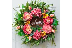 Pinkpuii Summer Wreaths for Front Door Outside – 24 Inch Artificial Spring Floral Wreath with Welcome Sign, Pink Dahlia Peony Hydrangea Tulips Flower and Greenery for Wall,Porch,Farmhouse,Home Décor