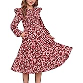 GRACE KARIN Girls Long Sleeve Fall Floral Dress Ruffle Round Neck Smocked Layered Hem