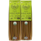 Morelli Organic Garlic &amp; Basil Linguine Pasta, Handmade - 8.8 oz, 2 Pack | Gourmet noodles handmade in Italy with durum wheat semolina and wheat germ. Ideal with olive oil, seafood, or tomato sauces.