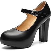 Women's Mary Jane Platform High Chunky Heels Closed Toe Ankle Strap Pumps Round Toe Comfortable Dress Shoes