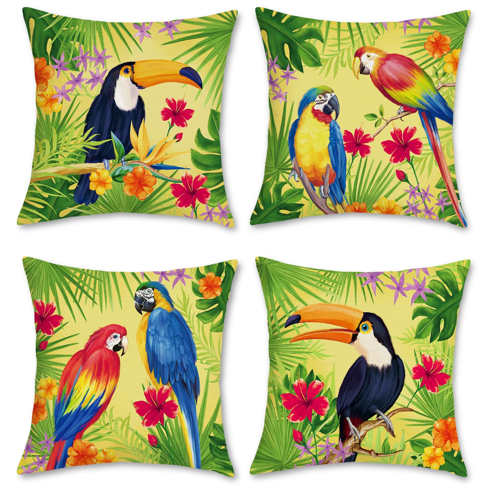 Bonhause Tropical Birds Cushion Covers 45 x 45 cm Toucan Parrot Decorative Throw Pillow Covers Polyester Linen Pillowcases for Sofa Bed Home Patio Outdoor Decor Set of 4