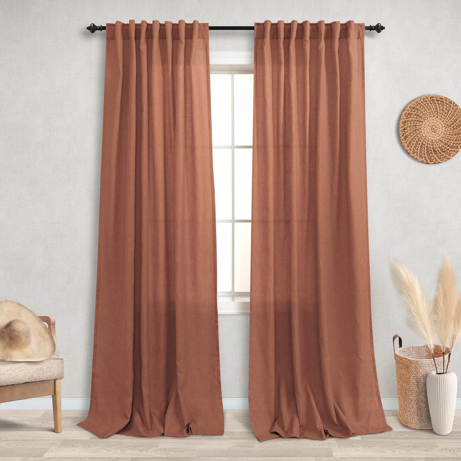 Window Treatments - Terracotta Linen Curtains 84 Inch Length for Living Room Boho Fall Decor Set of 2 Panels Rod Pocket Back Tab Semi Sheer Thanksgiving Brick Rust Burnt Curtains for Dining Room Bedroom 84 Inches Long