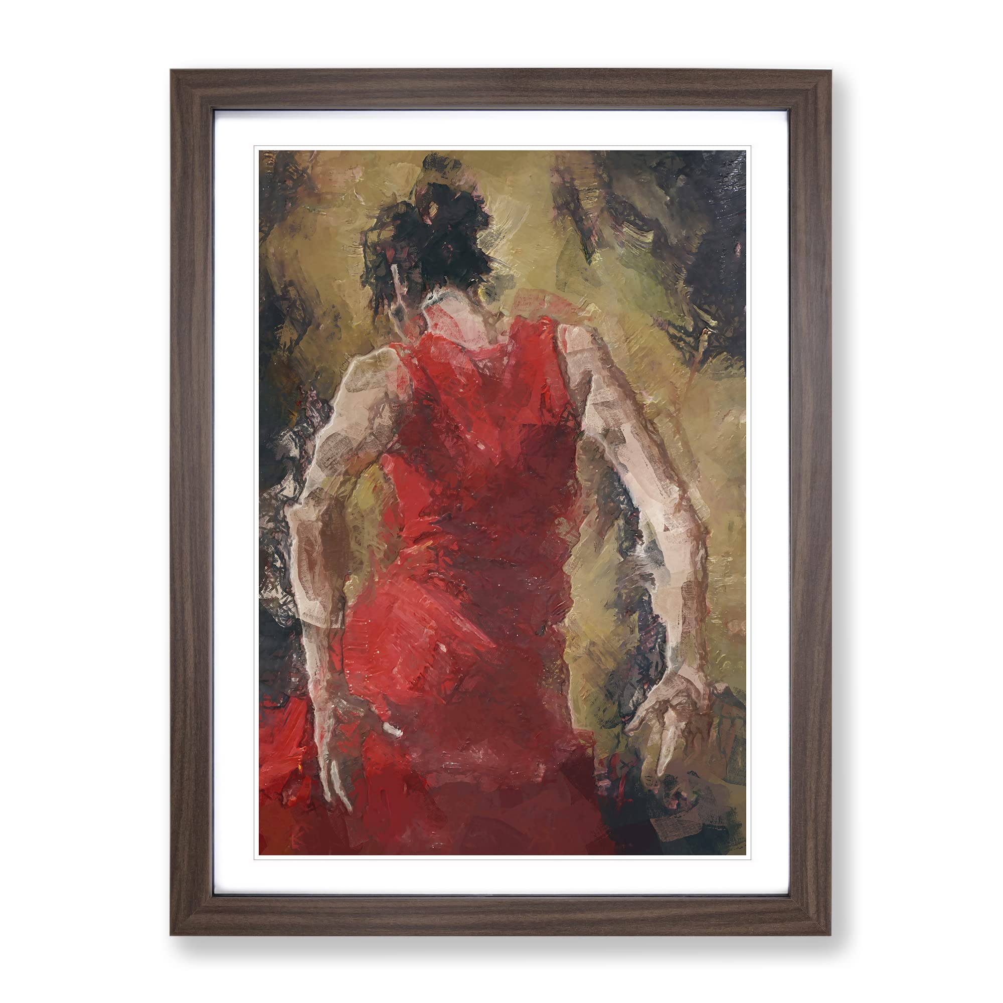 Spanish Flamenco Dancer In Abstract Modern Framed Wall Art Print, Ready to Hang Picture for Living Room Bedroom Home Office Décor, Walnut A3 (34 x 46 cm)