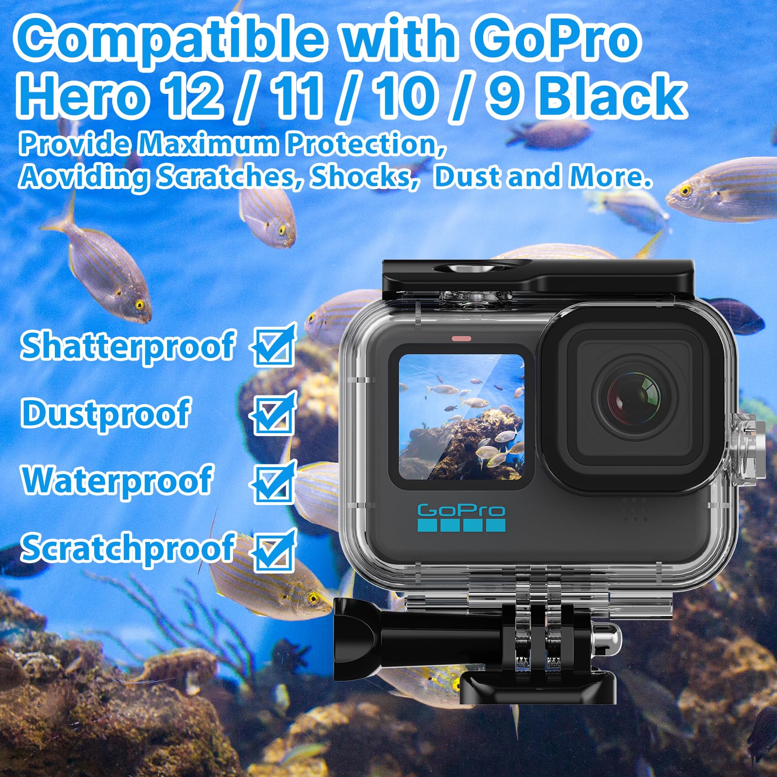 HONGDAK 196ft/60m Waterproof Housing Case for GoPro Hero 13 12 11 10/9 Black, Protective Underwater Dive Housing Shell with Bracket Accessories for Go Pro Hero13 Hero12 Hero11 Hero10 Hero9 Camera