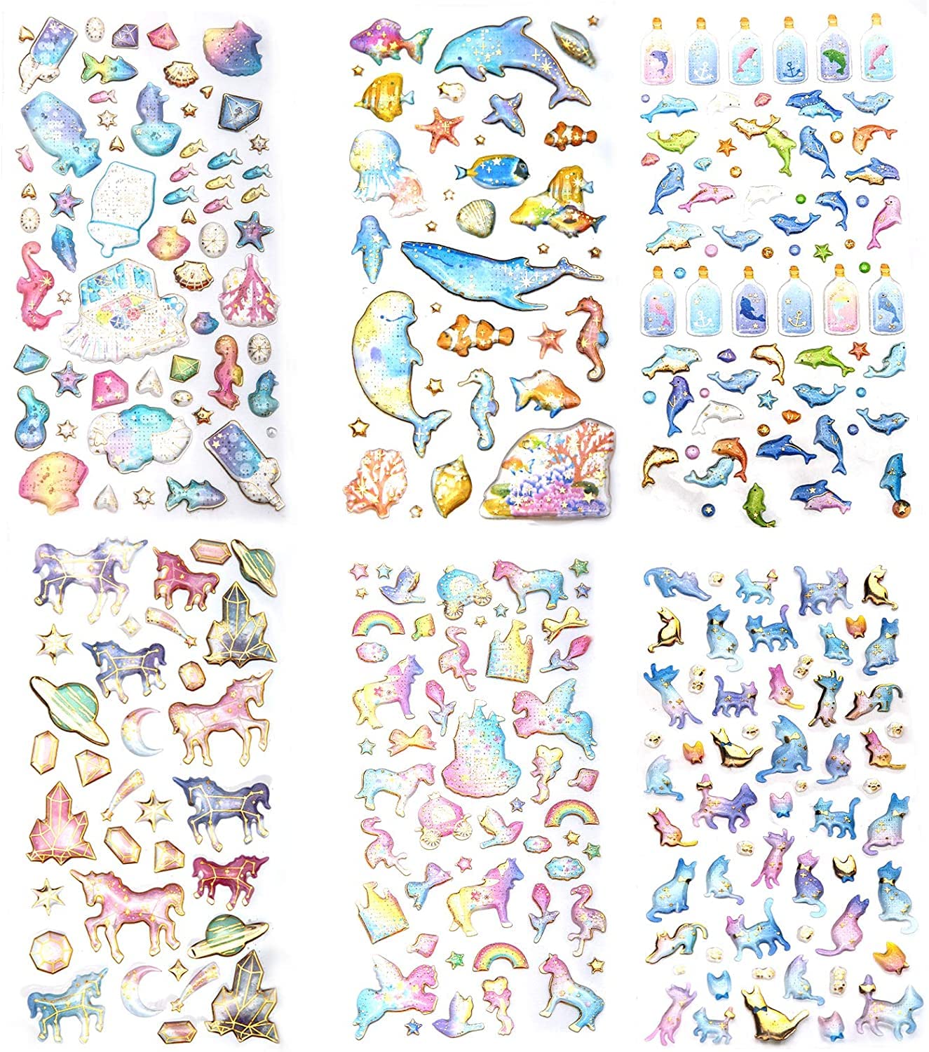SAVITA 3D Stickers for Kids & Toddlers, 300+ Puffy Stickers, 6 Different Sheets, Epoxy Stickers for Scrapbooking Journal, Including Cats, Dolphins, Shell, Seahorse, Jellyfish, Drifting Bottle, Unicorn