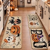 Tinideya 3 Pcs Halloween Ghost Kitchen Rugs and Mats Set,Beige | Pumpkin Boo Cat Floor Mats, Non Slip Spooky Runner Rugs, Cute Halloween Decorations for Kitchen Bathroom Home Office Decor