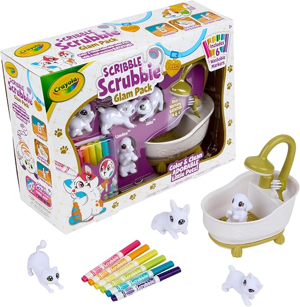 Crayola Scribble Scrubbies Glam Pack (4 Pets), Washable Pet Care Toy & Coloring Animal Craft Kit, Gift for Kids, Playset for
