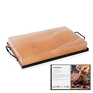 UmAid 12 X 8 Natural Himalayan Salt Block Cooking Plate, Kosher and FDA Certified Food Grade Salt On a Steel Tray Holder Set with Recipe Book (Himalayan Salt Cooking Block (Black))
