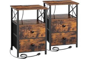 AMHANCIBLE Night Stand Set 2, Nightstand with Charging Station, End Tables Living Room with USB Ports and Outlets, Bedside Tables with Fabric Drawers for Bedroom, Rustic Brown HET05XBR